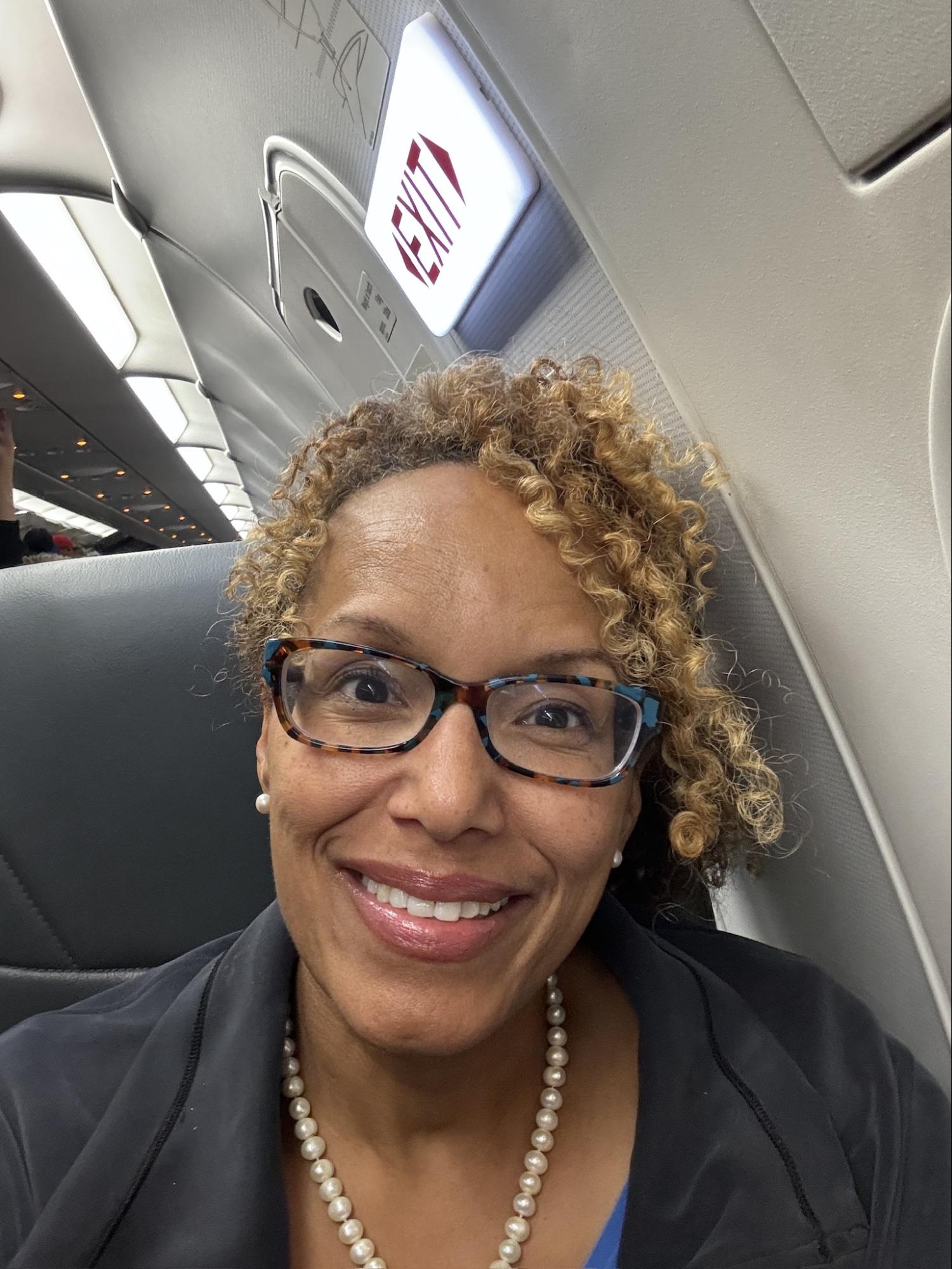 Heather Younger on a plane